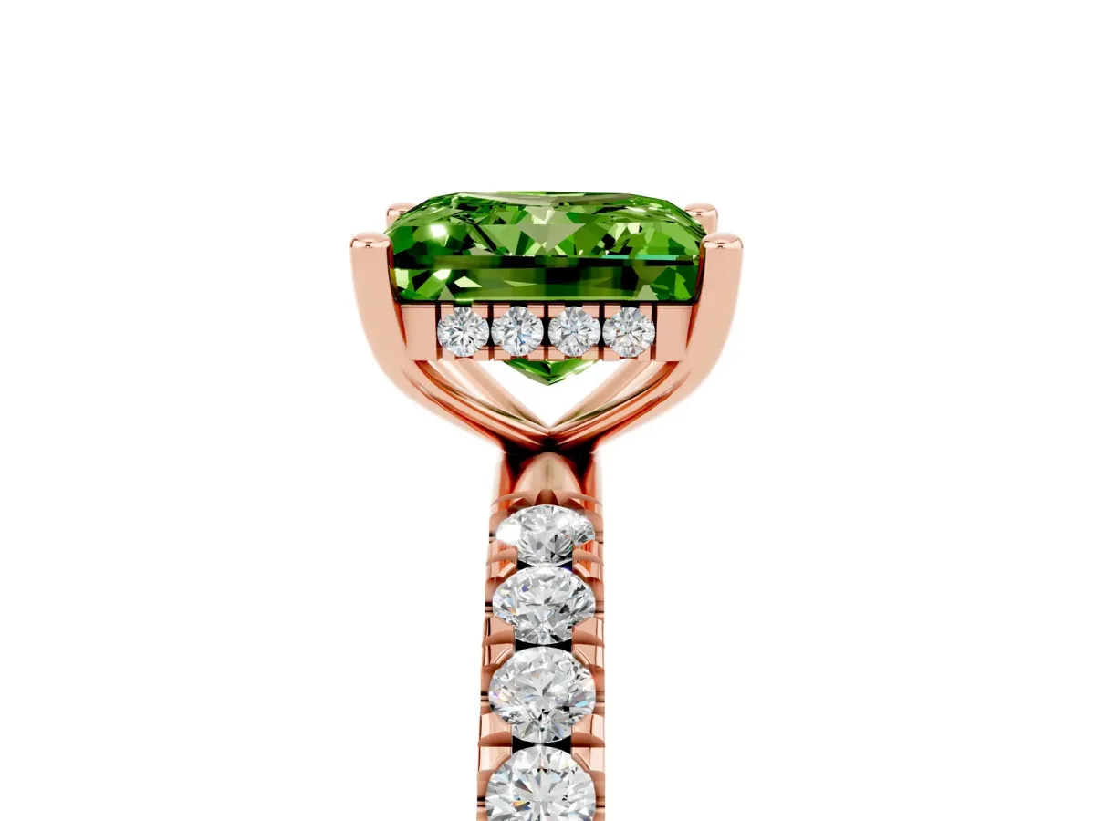 Princess Cut Peridot Pave Band Solitaire Ring with Round and Prong Setting Rose gold