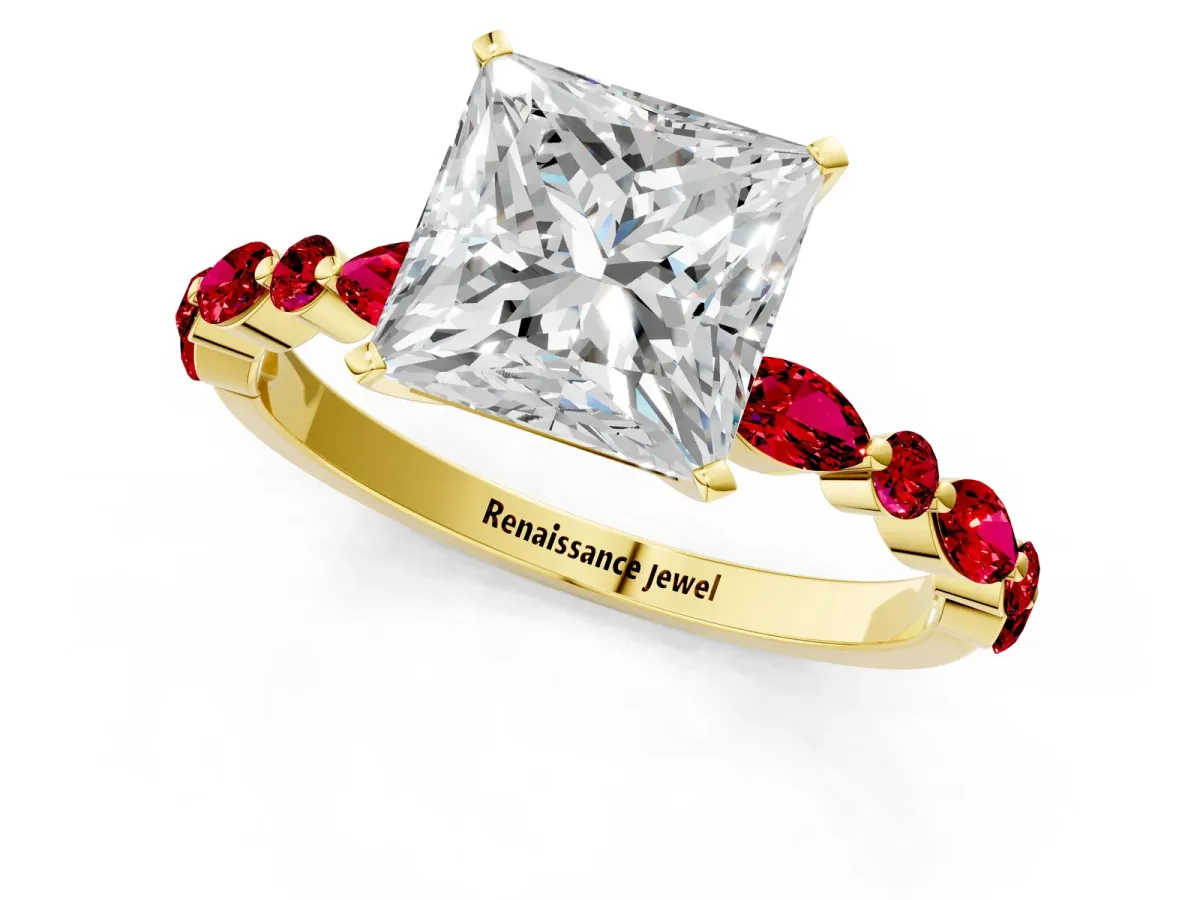 Princess Cut Diamond Ring with Marquise and Round Ruby Side Stones and Four-Prong Setting Yellow gold