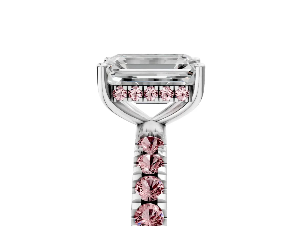 Emerald Cut Diamond Pave Band Solitaire Ring with Round Morganite and Prong Setting Platinum