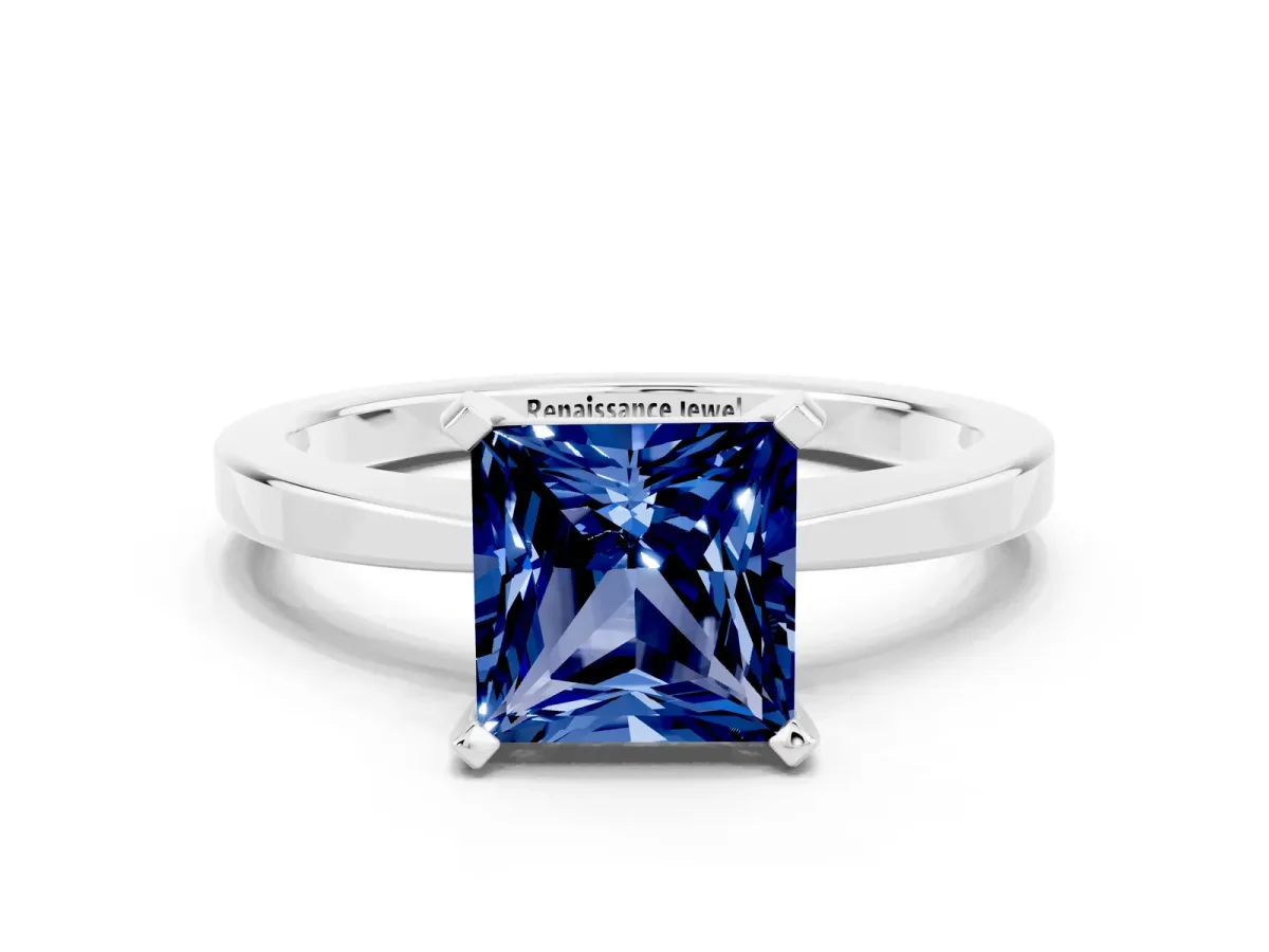 Princess Cut Blue Sapphire Solitaire Engagement Ring with Classic Band and Four-Prong Setting Silver