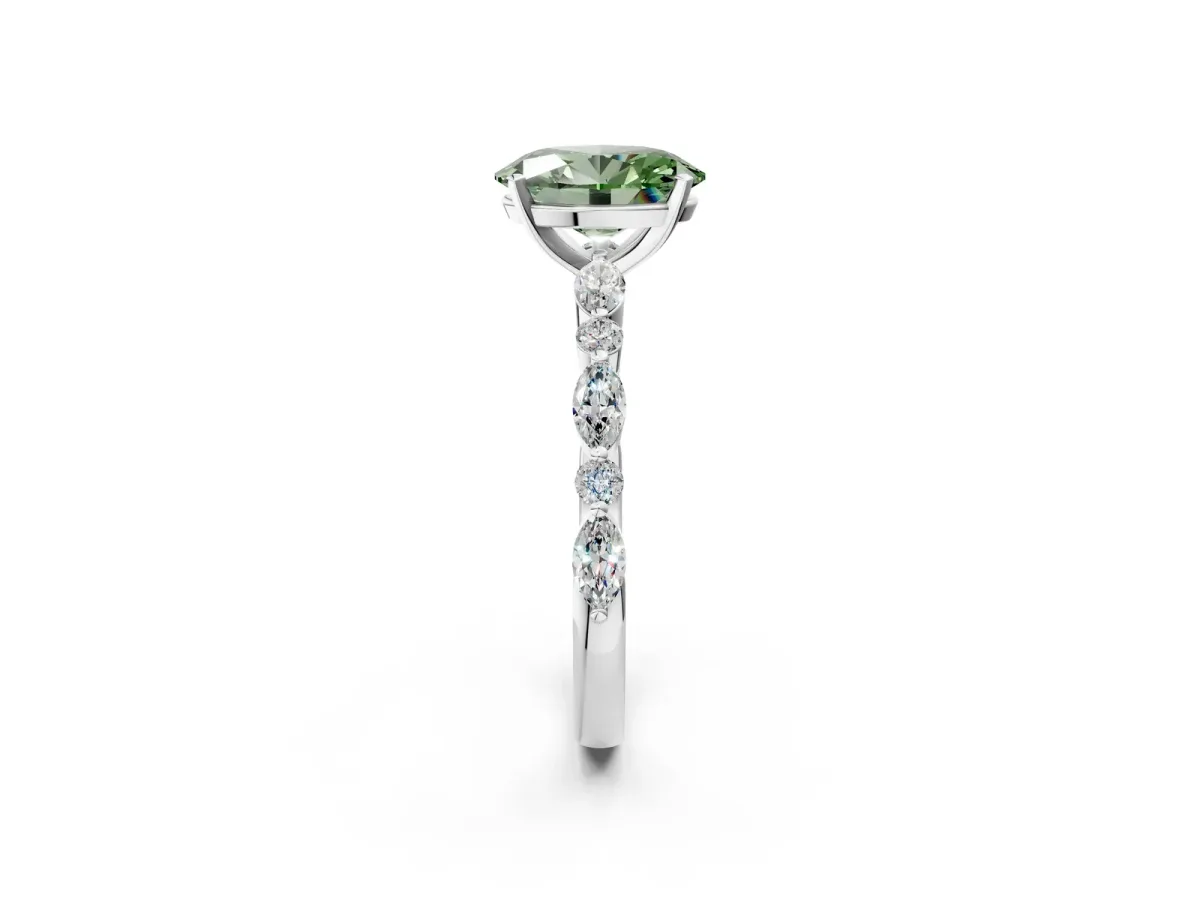 Fancy Green Oval Cut Diamond Ring with Marquise and Round Side Stones and Four-Prong Setting Platinum