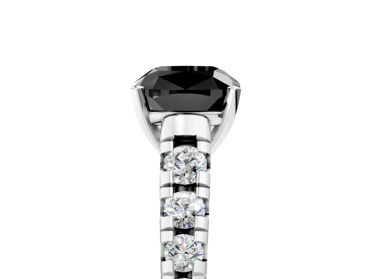 Fancy Black Cushion Cut Diamond Cathedral Solitaire Ring with Round Pavé Band Platinum