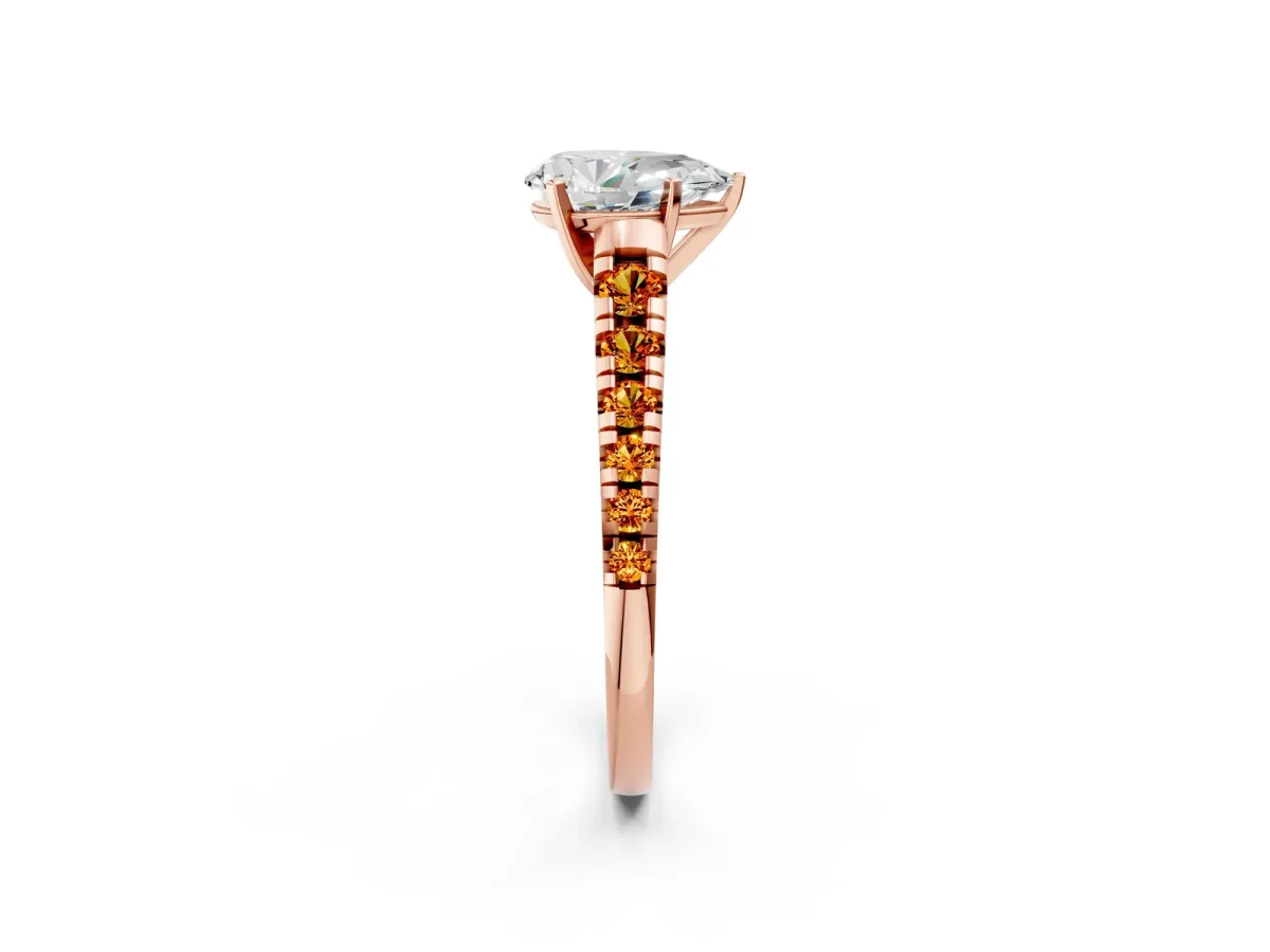 Pear Cut Diamond Cathedral Solitaire Ring with Round Citrine Pavé Band Rose gold