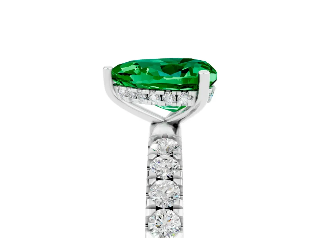 Heart Cut Emerald Pave Band Solitaire Ring with Round and Prong Setting Platinum