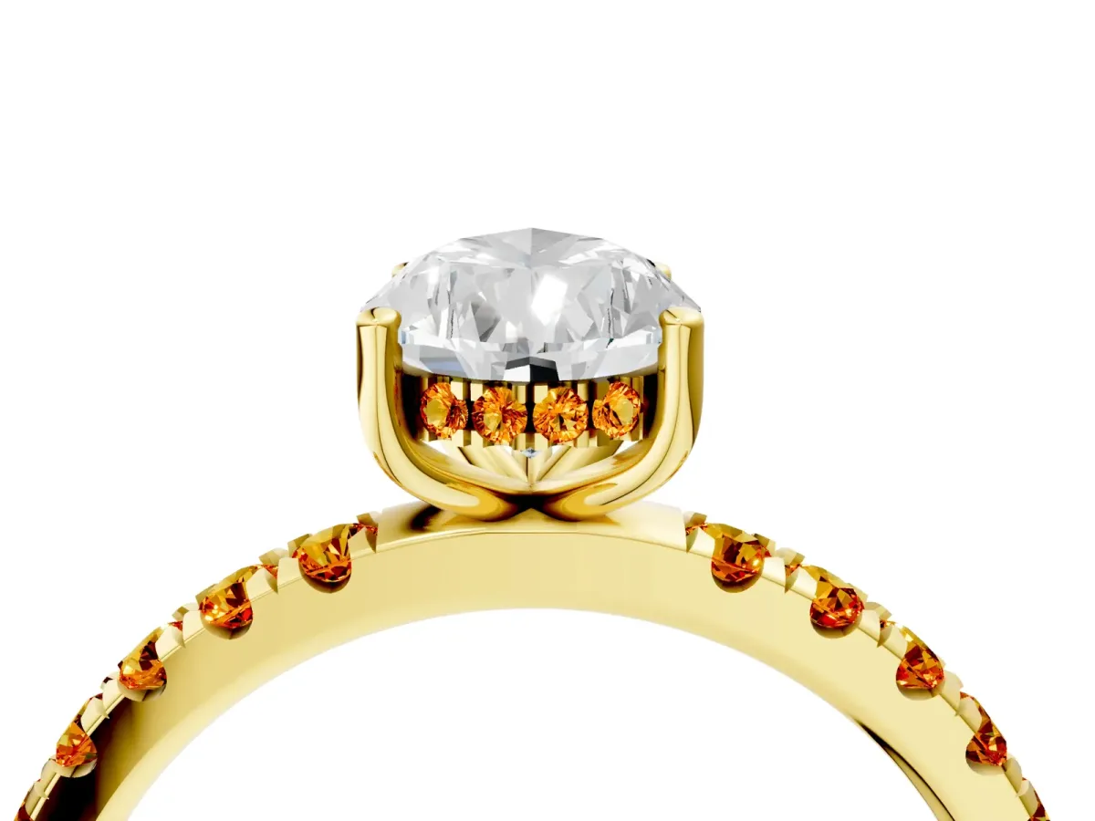 Pear Cut Diamond Pave Band Solitaire Ring with Round Citrine and Prong Setting Yellow gold