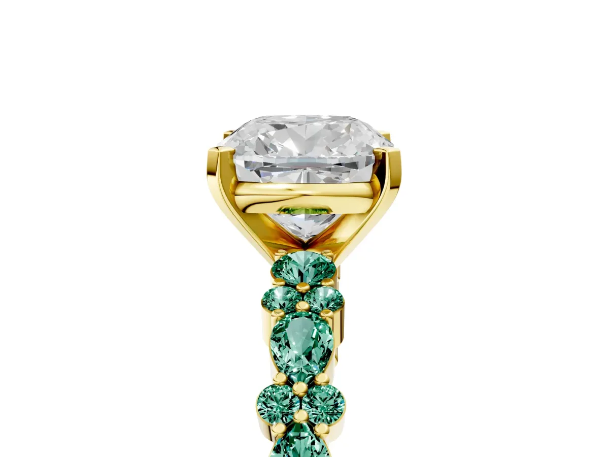 Cushion Cut Diamond Side Stone Solitaire Ring with Round Green Sapphire and Four-Prong Setting Yellow gold
