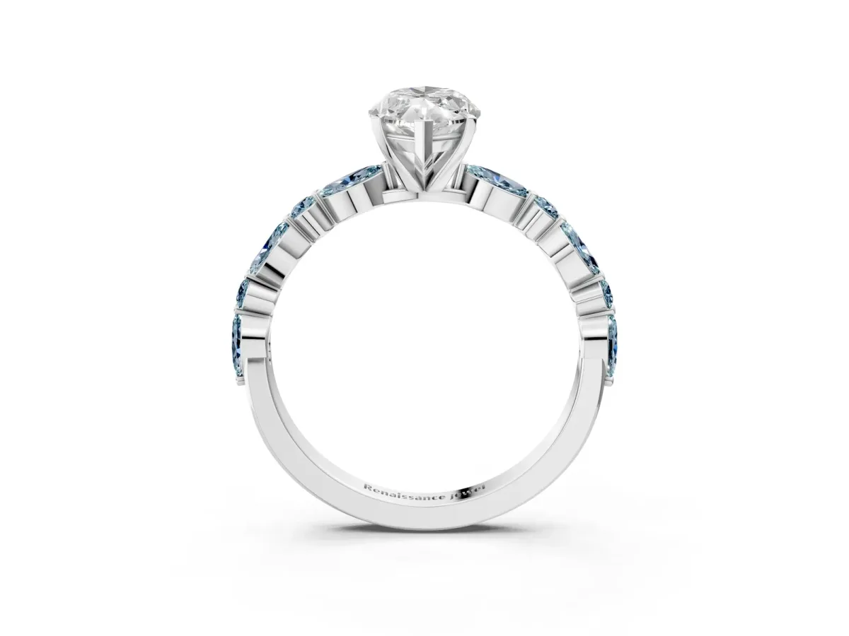Marquise Cut Diamond Ring with Marquise and Round Aquamarine Side Stones and Four-Prong Setting Silver