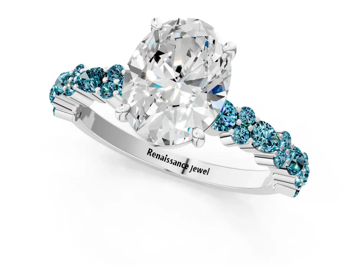 Oval Cut Diamond Side Stone Solitaire Ring with Round Blue Topaz and Four-Prong Setting White gold