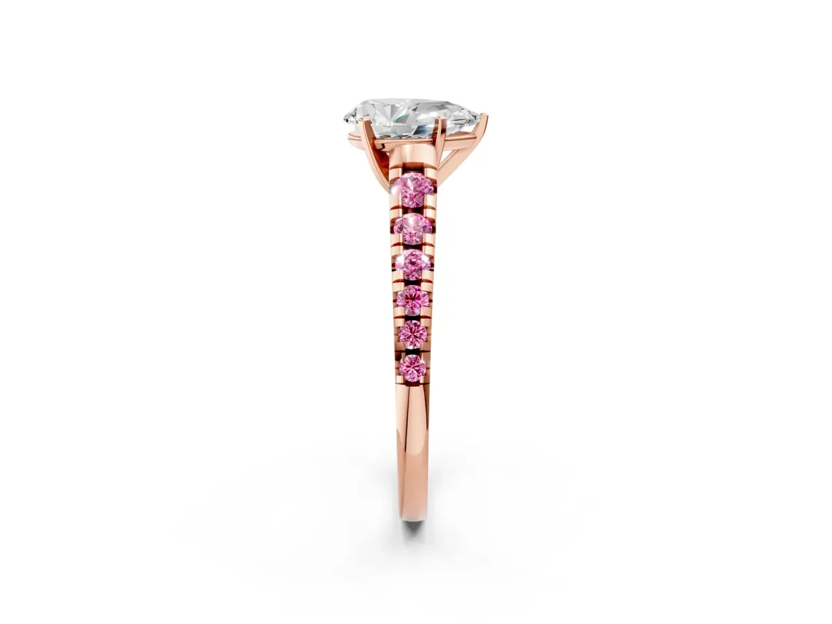 Pear Cut Diamond Cathedral Solitaire Ring with Round Pink Sapphire Pavé Band Rose gold