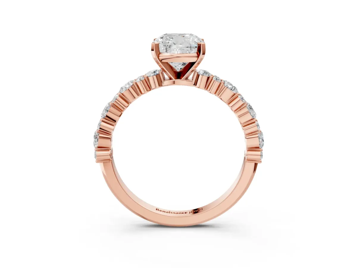 Cushion Cut Diamond Side Stone Solitaire Ring with Round Moissanite and Four-Prong Setting Rose gold