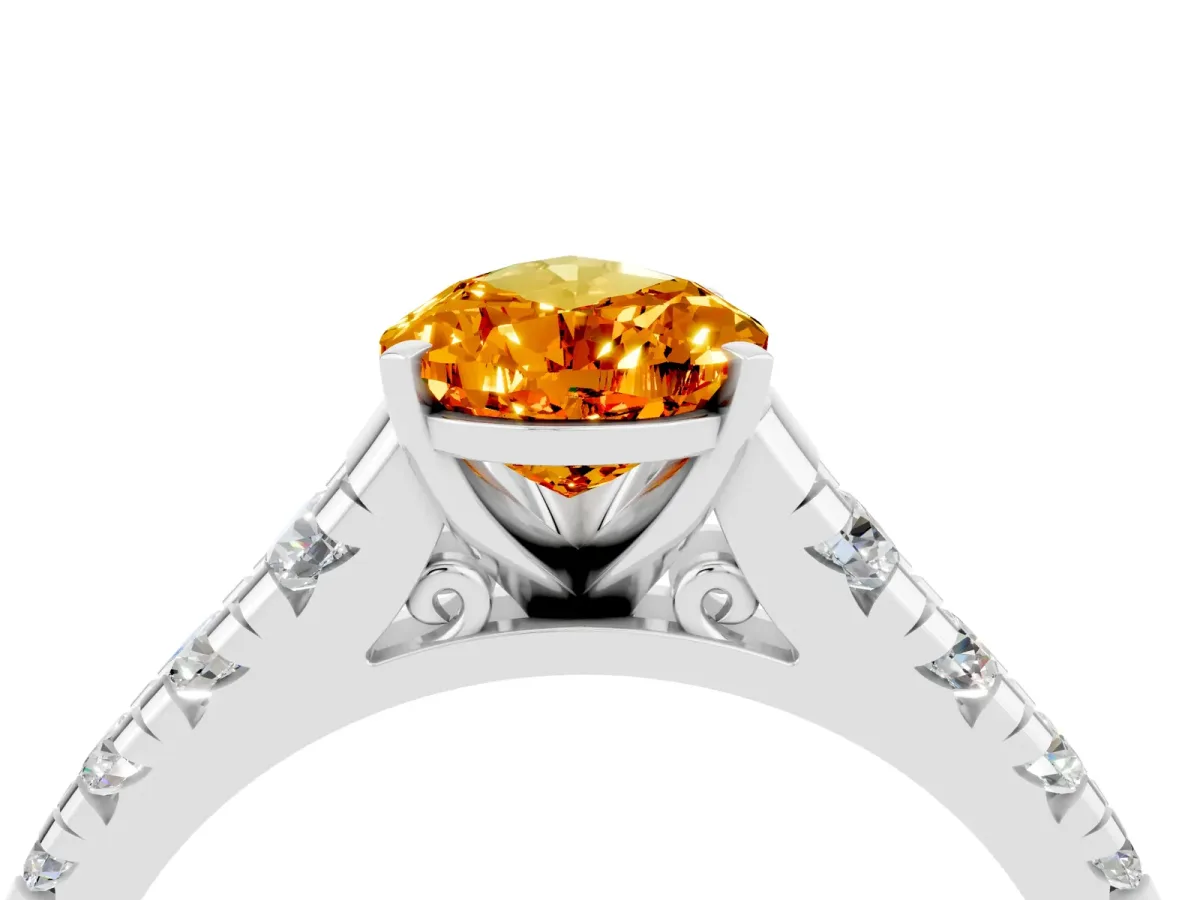 Pear Cut Citrine Cathedral Solitaire Ring with Round Pavé Band Platinum