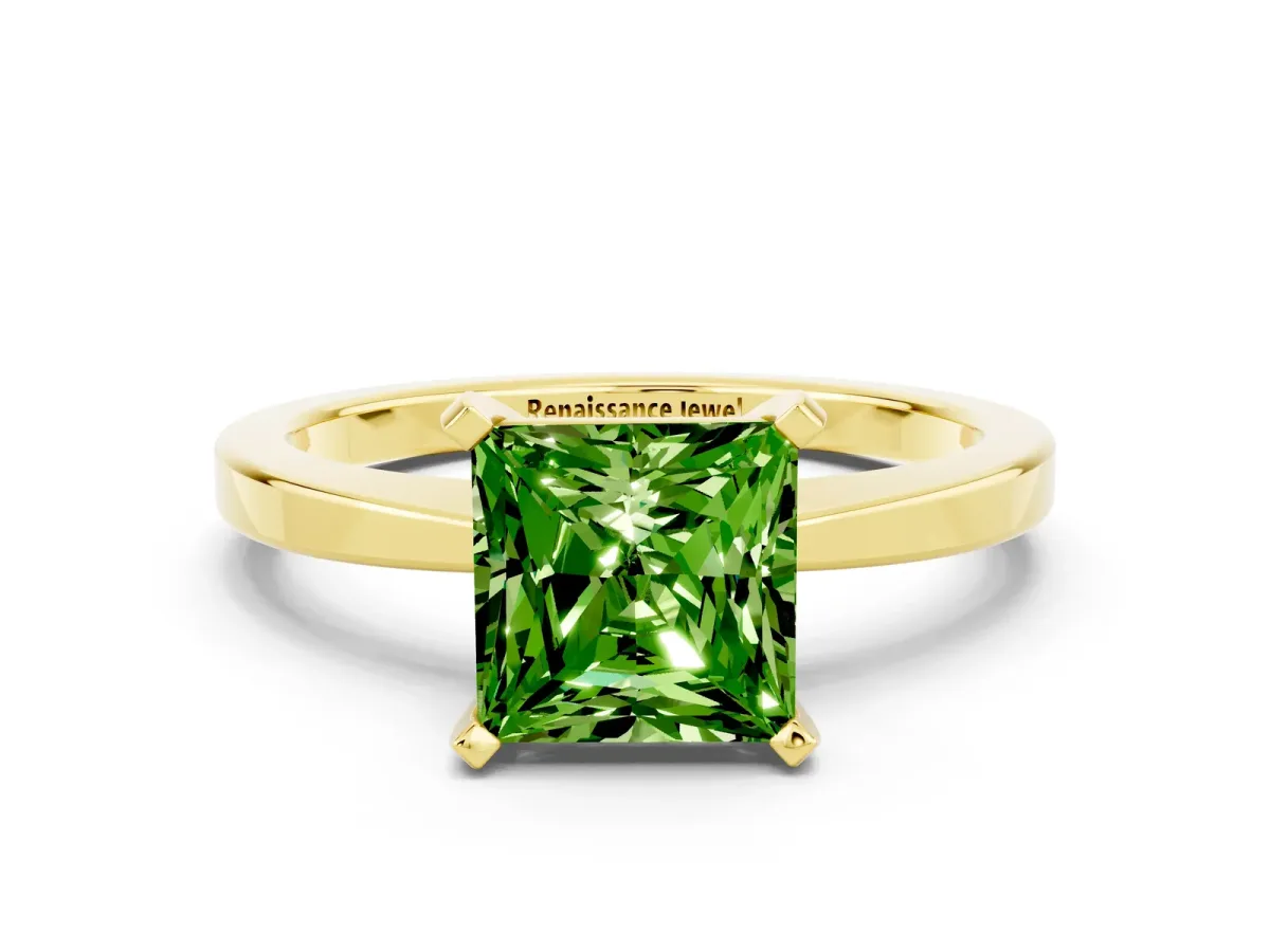 Princess Cut Peridot Solitaire Engagement Ring with Classic Band and Four-Prong Setting Yellow gold