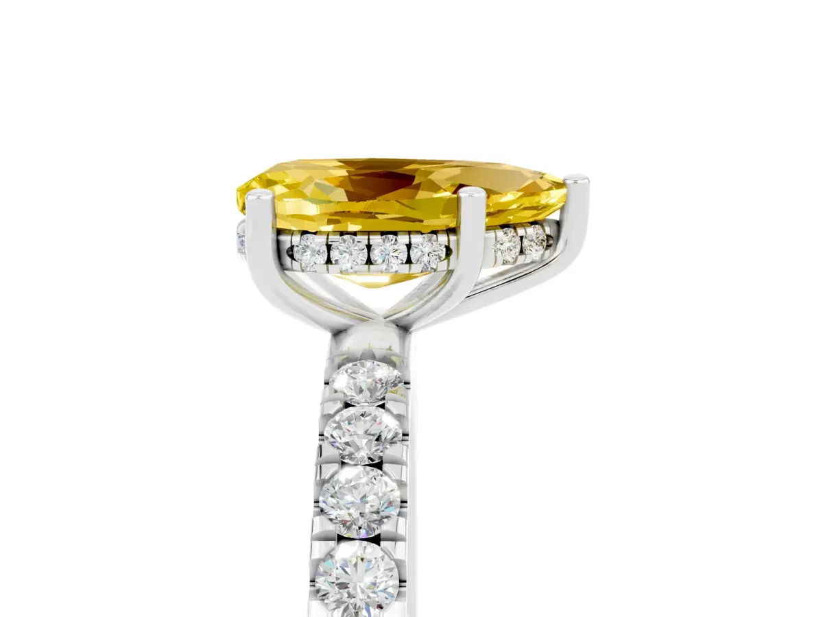Pear Cut Yellow Sapphire Pave Band Solitaire Ring with Round and Prong Setting Silver