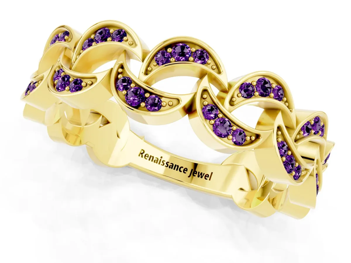 Pavé Round Amethyst Interlocking Eternity Band with Bezel Prong Setting Yellow gold