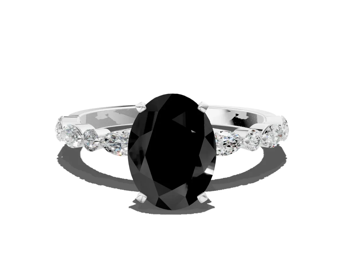 Fancy Black Oval Cut Diamond Ring with Marquise and Round Side Stones and Four-Prong Setting Platinum