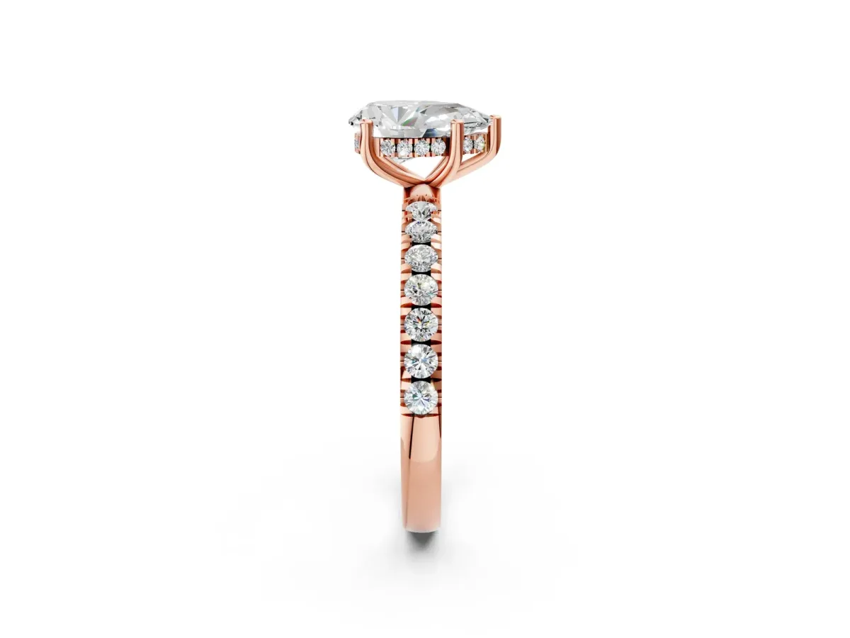 Pear Cut Diamond Pave Band Solitaire Ring with Round and Prong Setting Rose gold