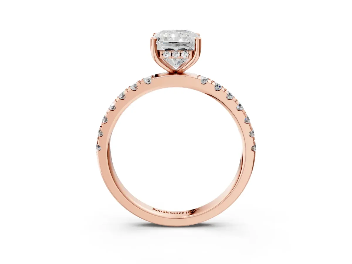 Radiant Cut Diamond Pave Band Solitaire Ring with Round and Prong Setting Rose gold