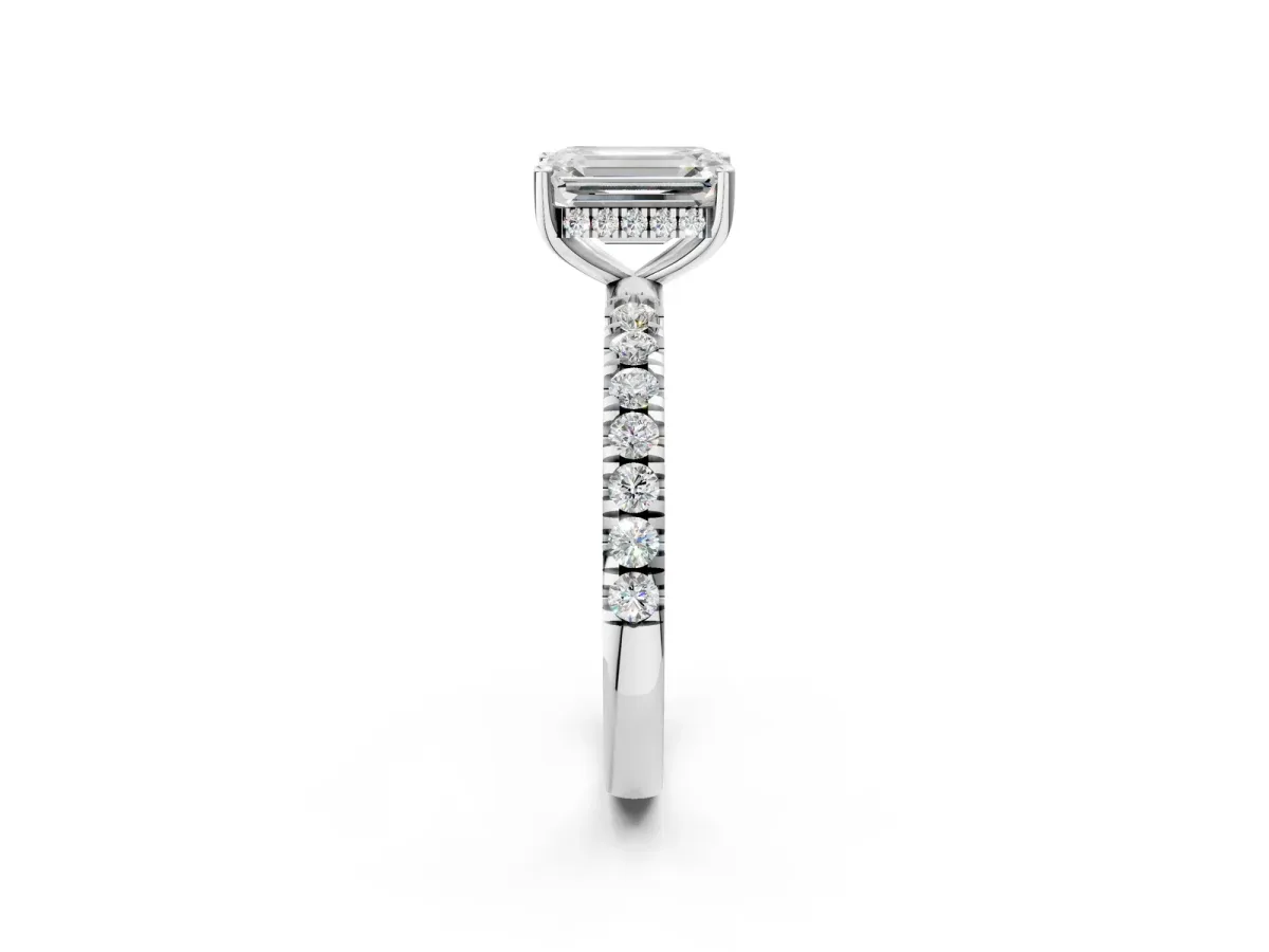 Emerald Cut Diamond Pave Band Solitaire Ring with Round Moissanite and Prong Setting Platinum