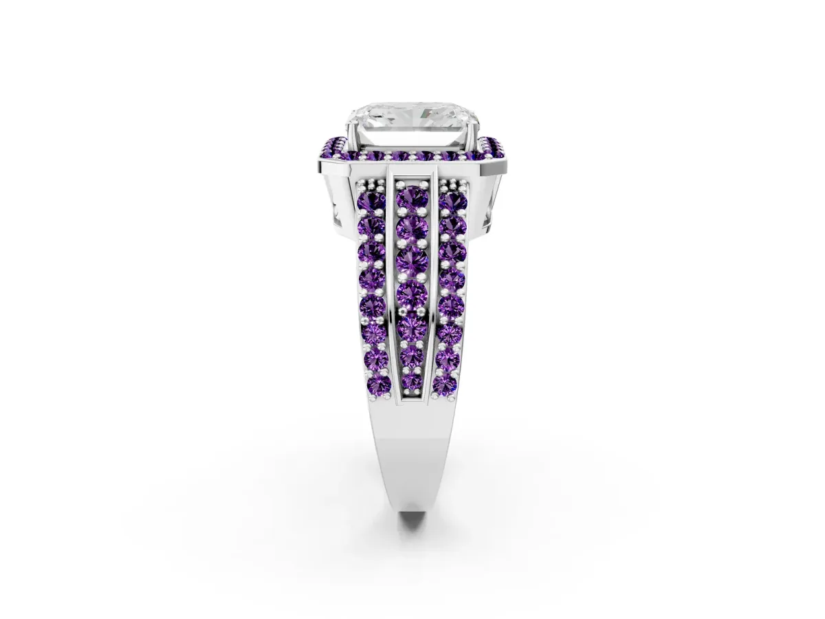 Radiant Cut Halo Diamond Ring with Round Amethyst Split Shank and Prong Setting Platinum