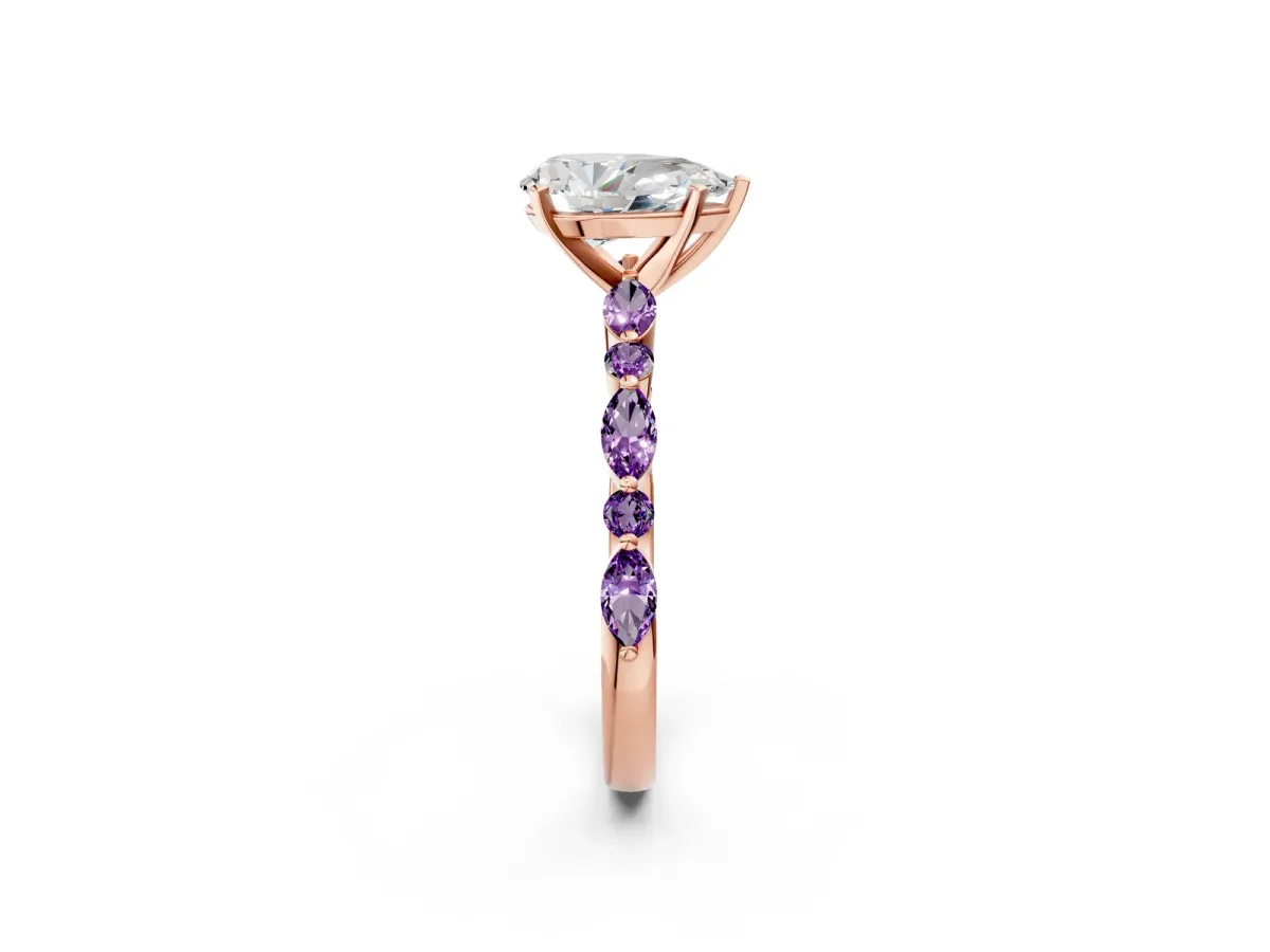 Pear Cut Diamond Ring with Marquise and Round Amethyst Side Stones and Four-Prong Setting Rose gold