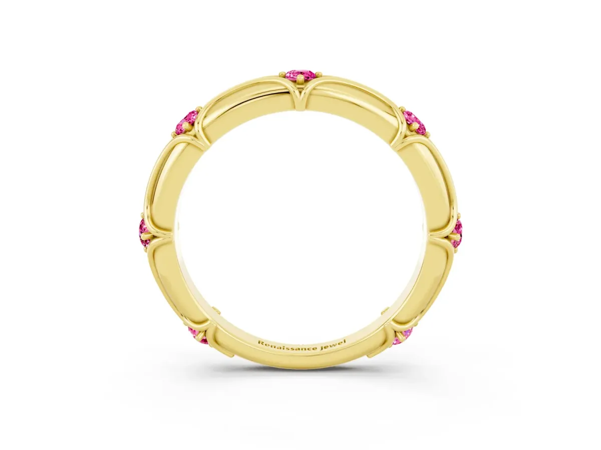 Round Pink Sapphire Prong Set Milgrain Eternity Band Yellow gold