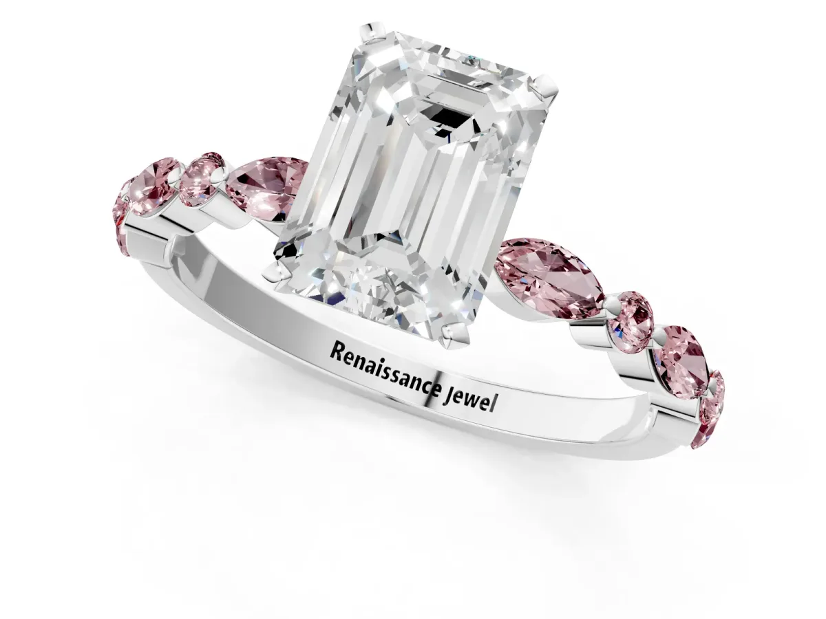 Emerald Cut Diamond Ring with Marquise and Round Morganite Side Stones and Four-Prong Setting Silver