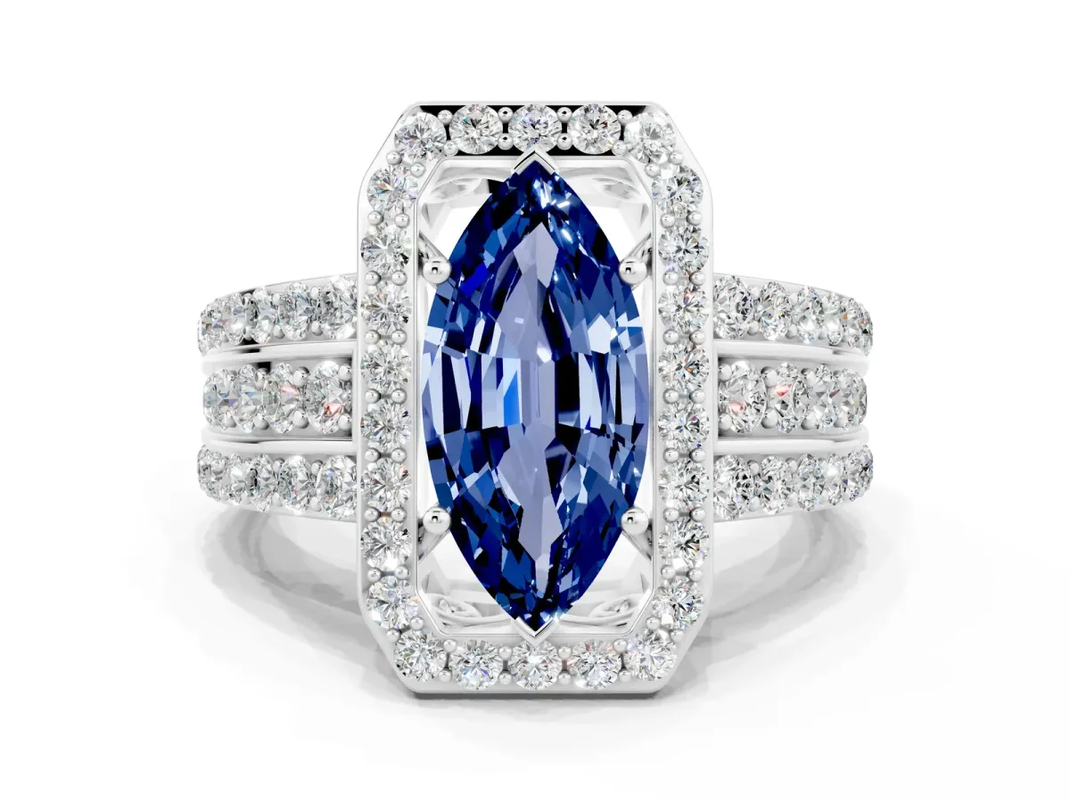 Marquise Cut Halo Blue Sapphire Ring with Round Split Shank and Prong Setting White gold