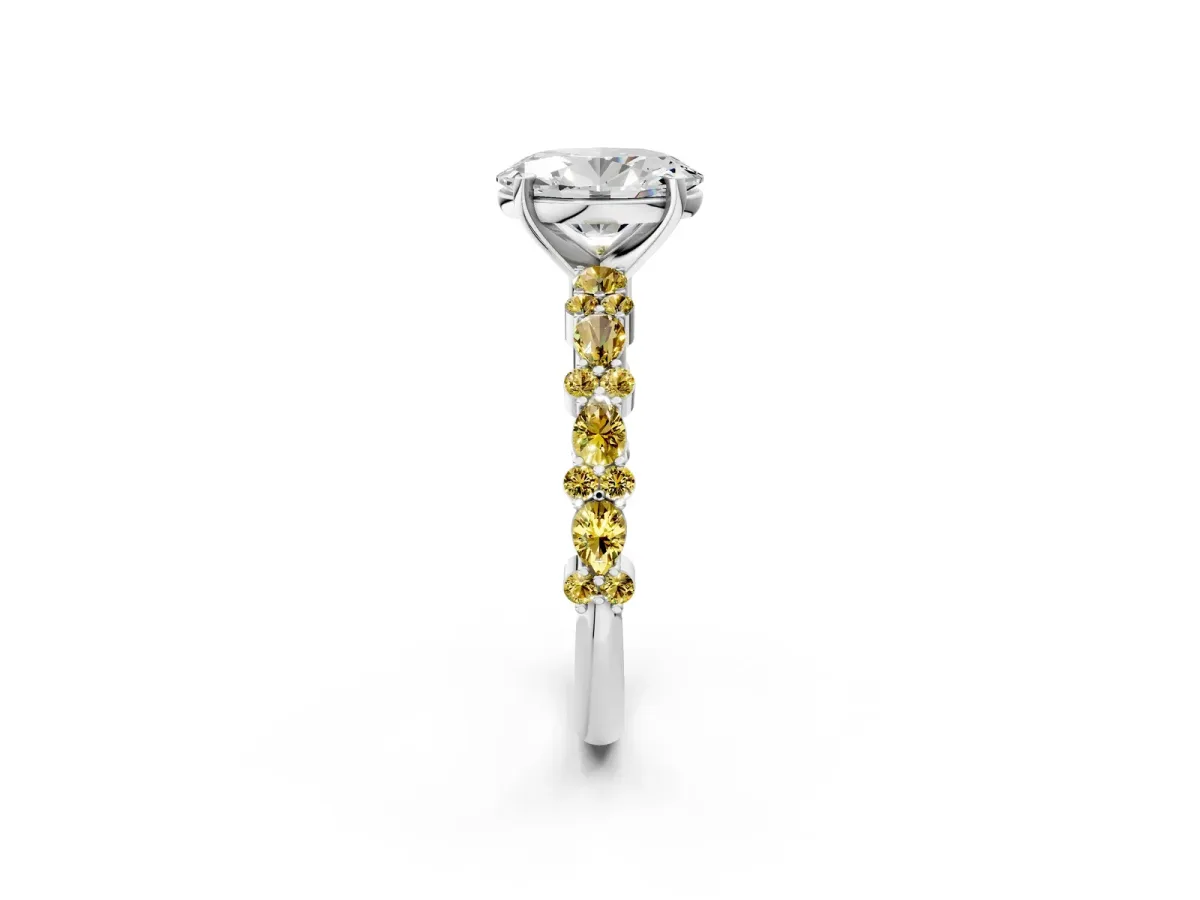 Oval Cut Diamond Side Stone Solitaire Ring with Round Yellow Sapphire and Four-Prong Setting White gold
