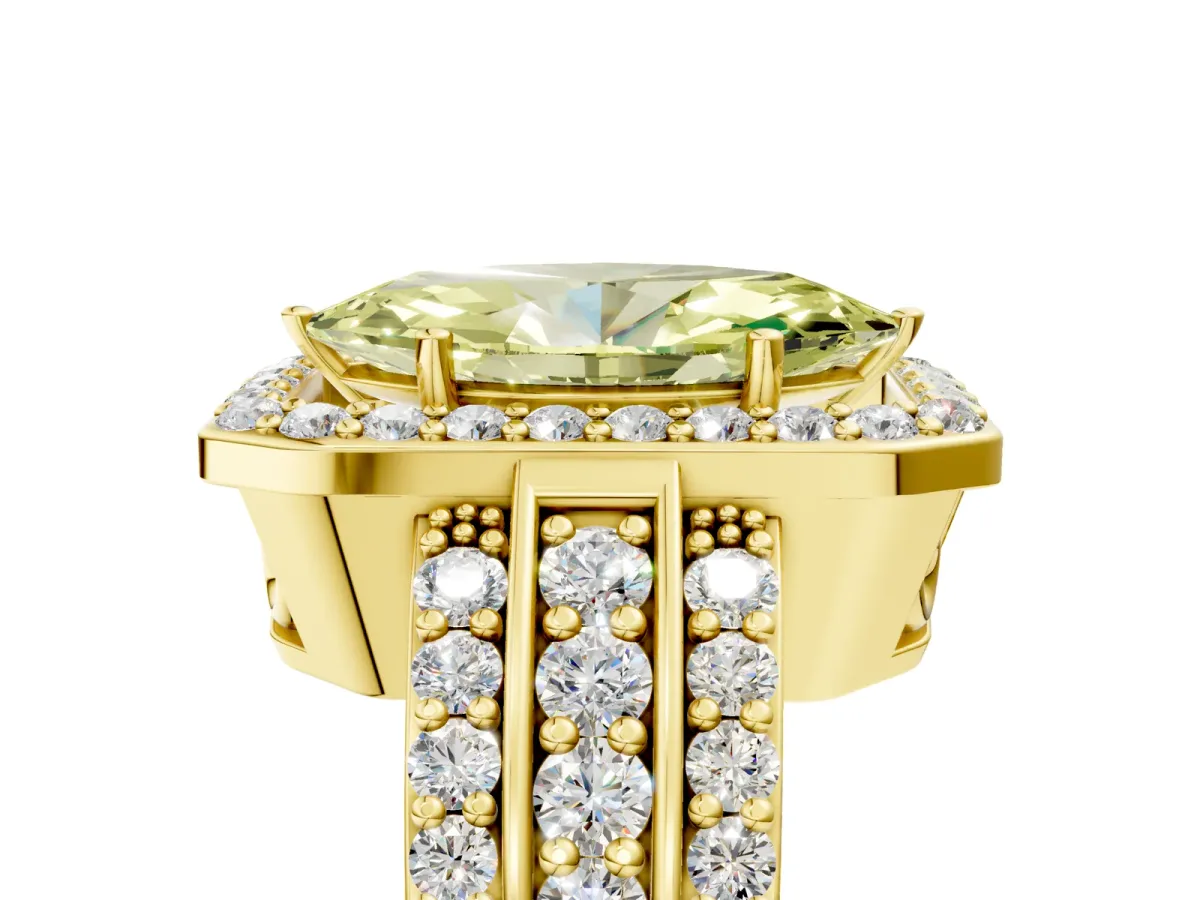 Fancy Yellow Marquise Cut Halo Diamond Ring with Round Split Shank and Prong Setting Yellow gold