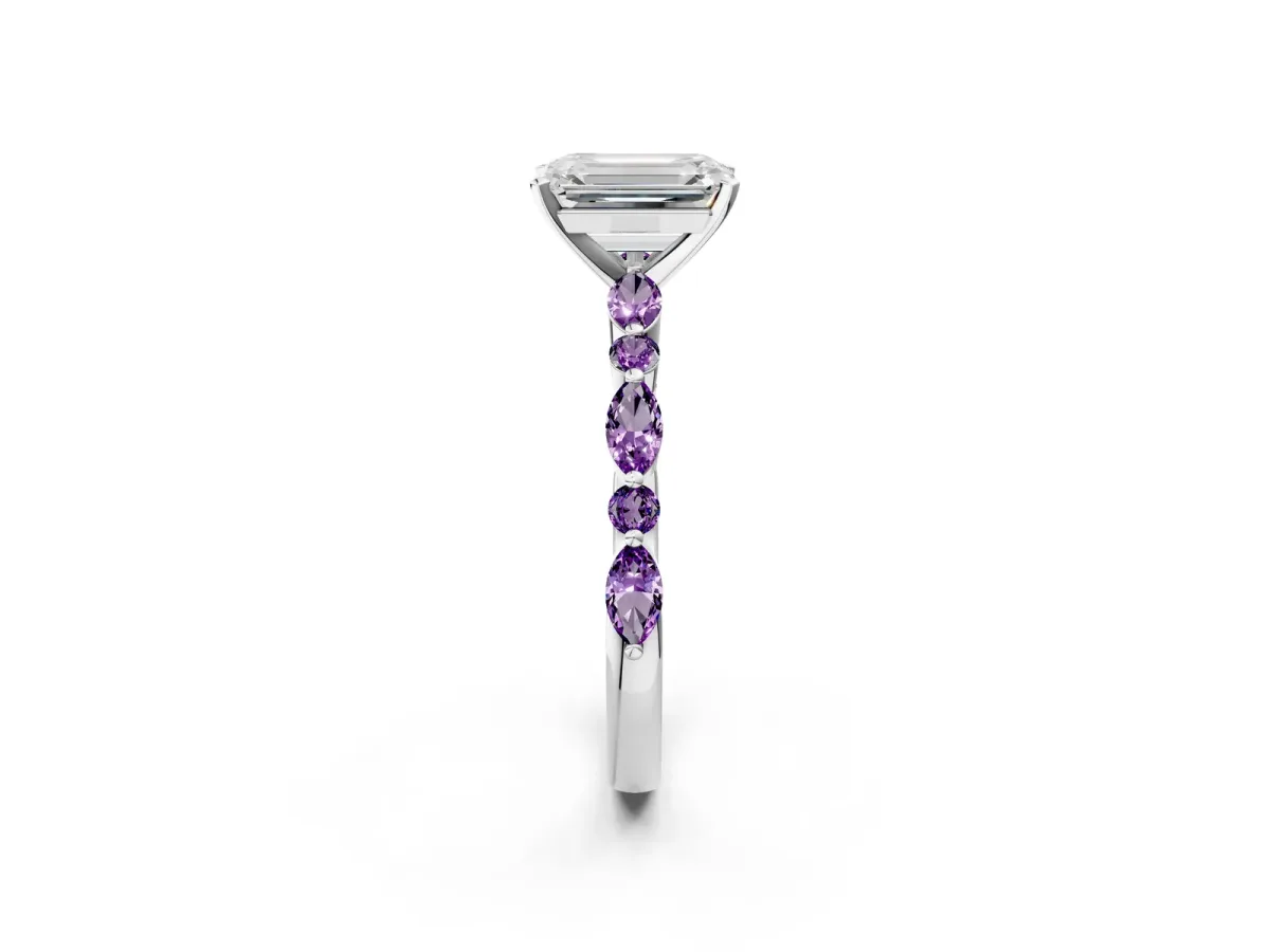 Emerald Cut Diamond Ring with Marquise and Round Amethyst Side Stones and Four-Prong Setting Silver