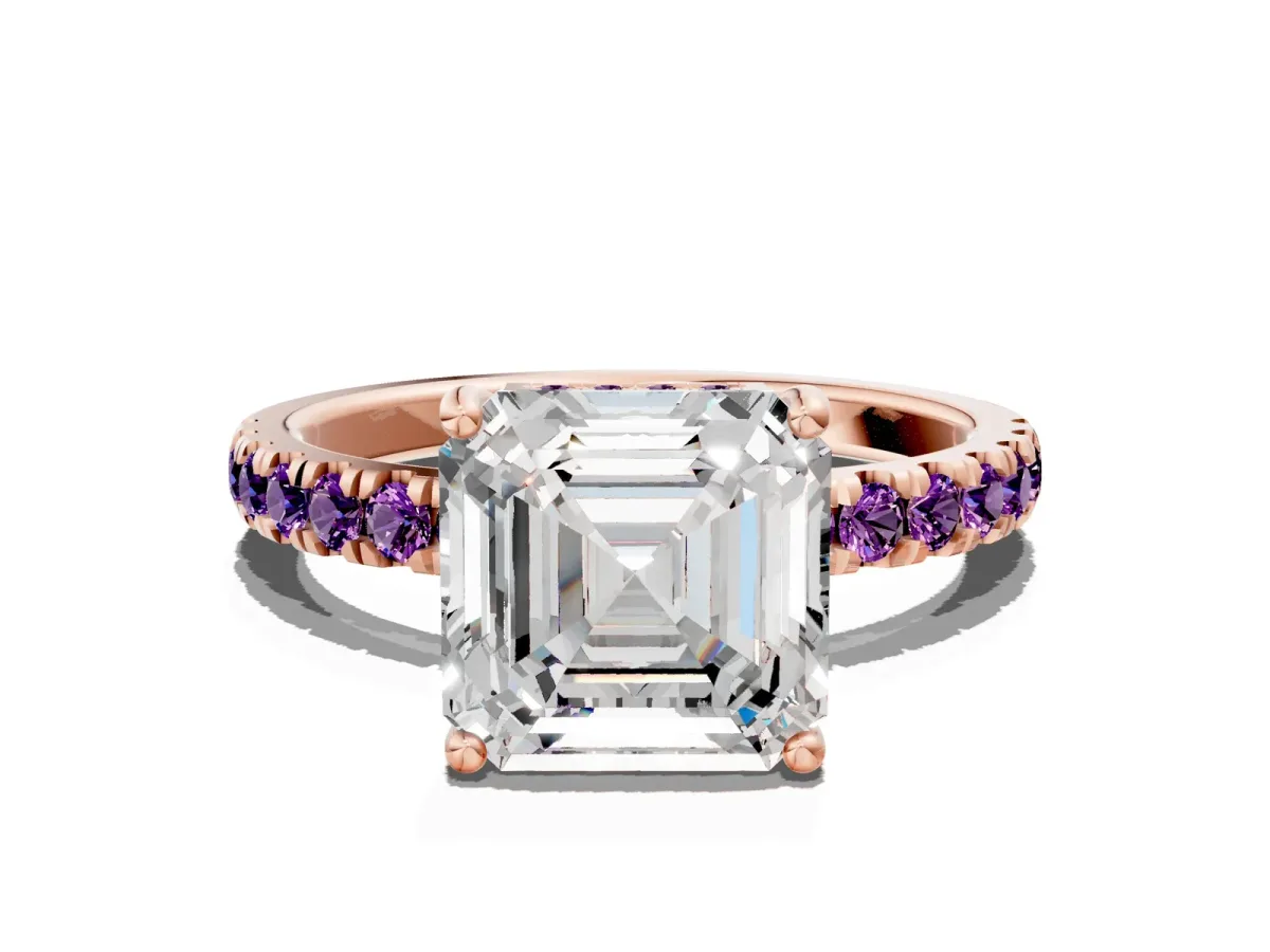 Asscher Cut Diamond Pave Band Solitaire Ring with Round Amethyst and Prong Setting Rose gold