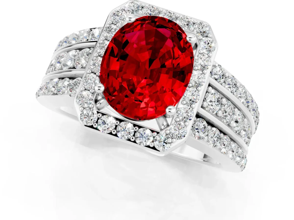 Oval Cut Halo Ruby Ring with Round Split Shank and Prong Setting White gold