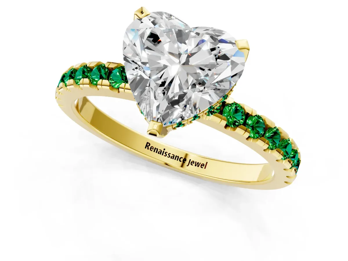 Heart Cut Diamond Solitaire Ring with Round Emerald Pavé Band and Four-Prong Setting Yellow gold