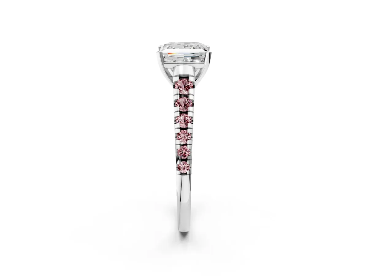 Princess Cut Diamond Cathedral Solitaire Ring with Round Morganite Pavé Band Platinum