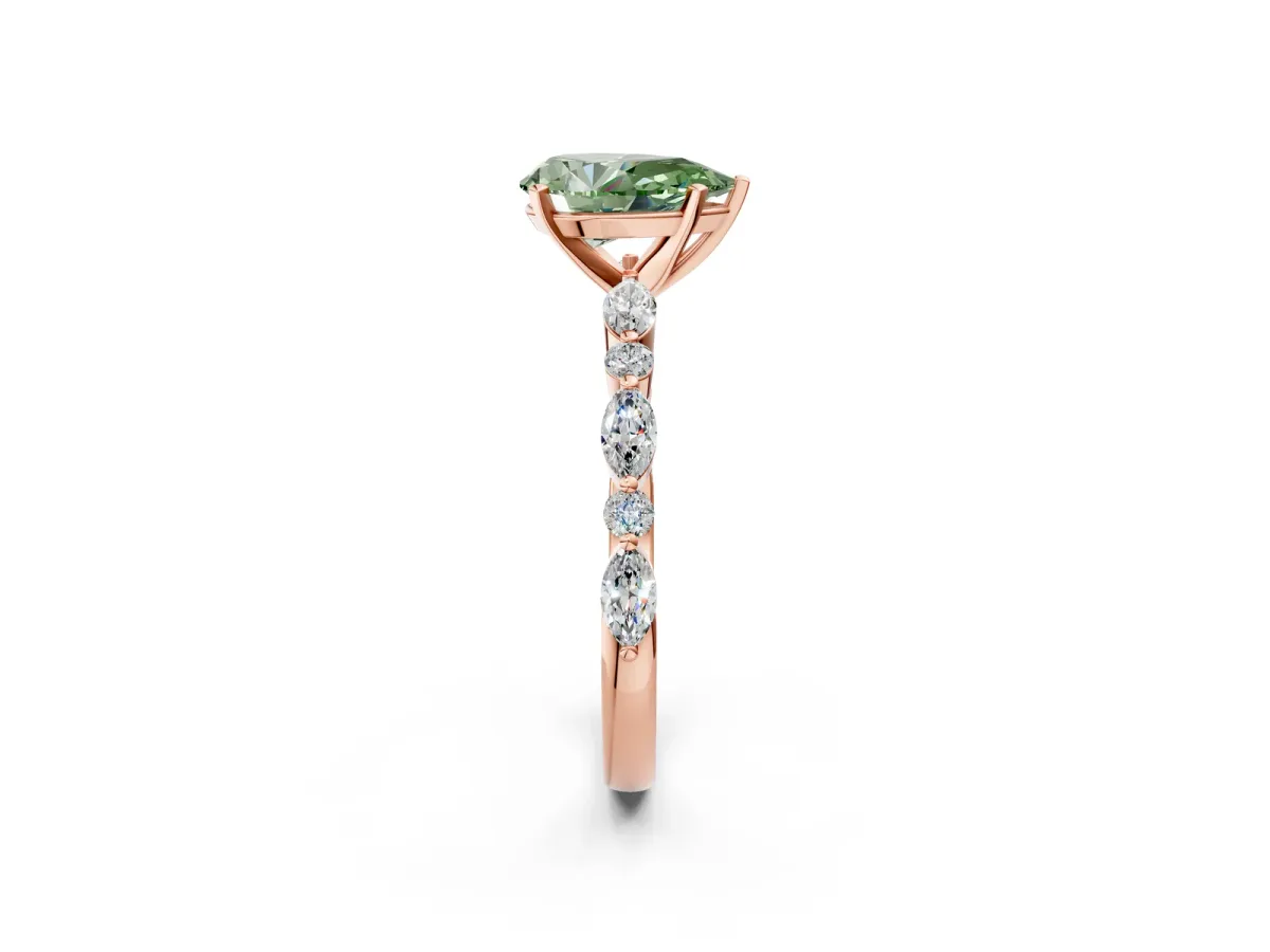 Fancy Green Pear Cut Diamond Ring with Marquise and Round Side Stones and Four-Prong Setting Rose gold