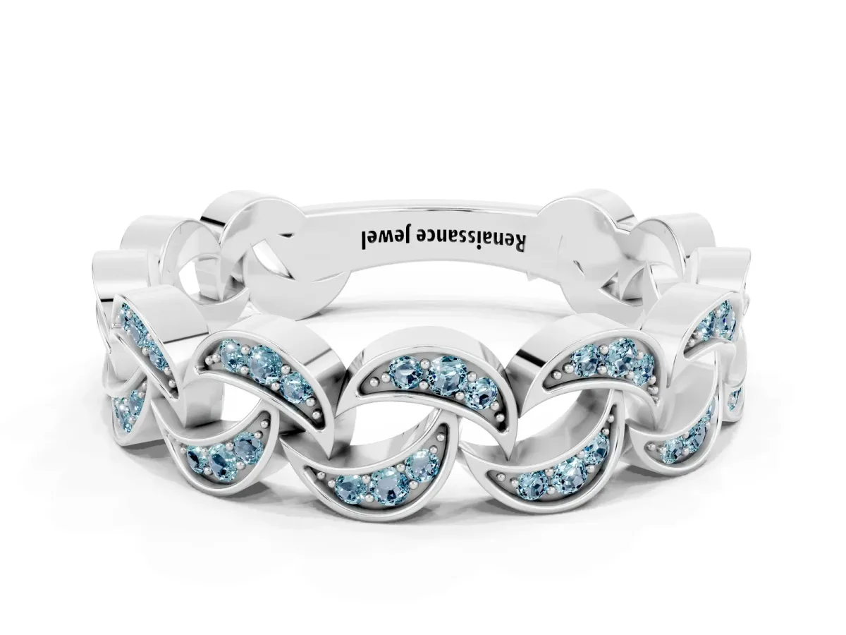 Pavé Round Aquamarine Interlocking Eternity Band with Bezel Prong Setting Silver