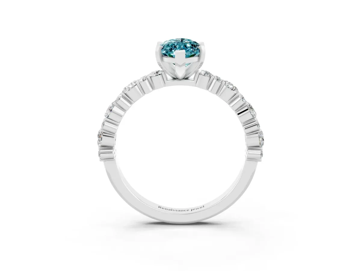 Marquise Cut Blue Topaz Side Stone Solitaire Ring with Round and Four-Prong Setting White gold