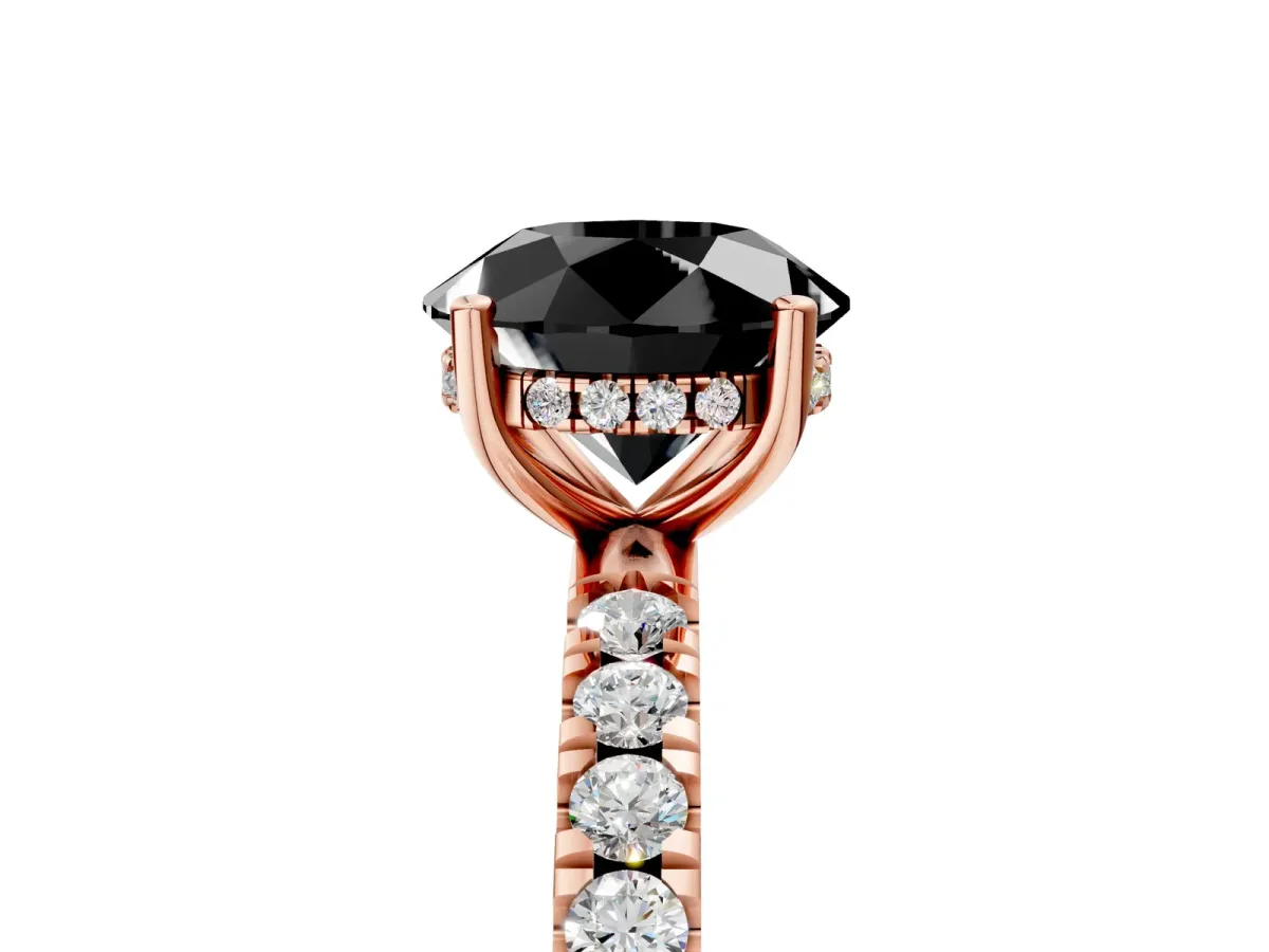 Fancy Black Round Cut Diamond Pave Band Solitaire Ring with Round and Prong Setting Rose gold