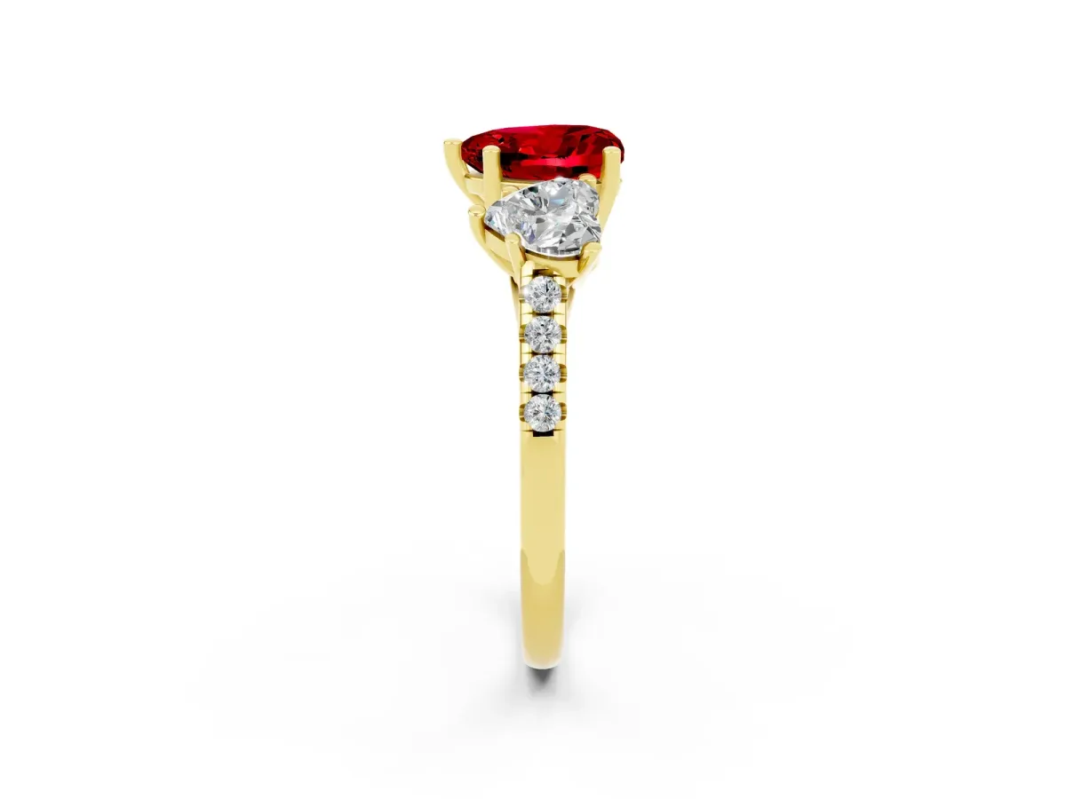 Three-Stone Heart Cut Ruby Ring with Round Pavé Band and Prong Setting Yellow gold
