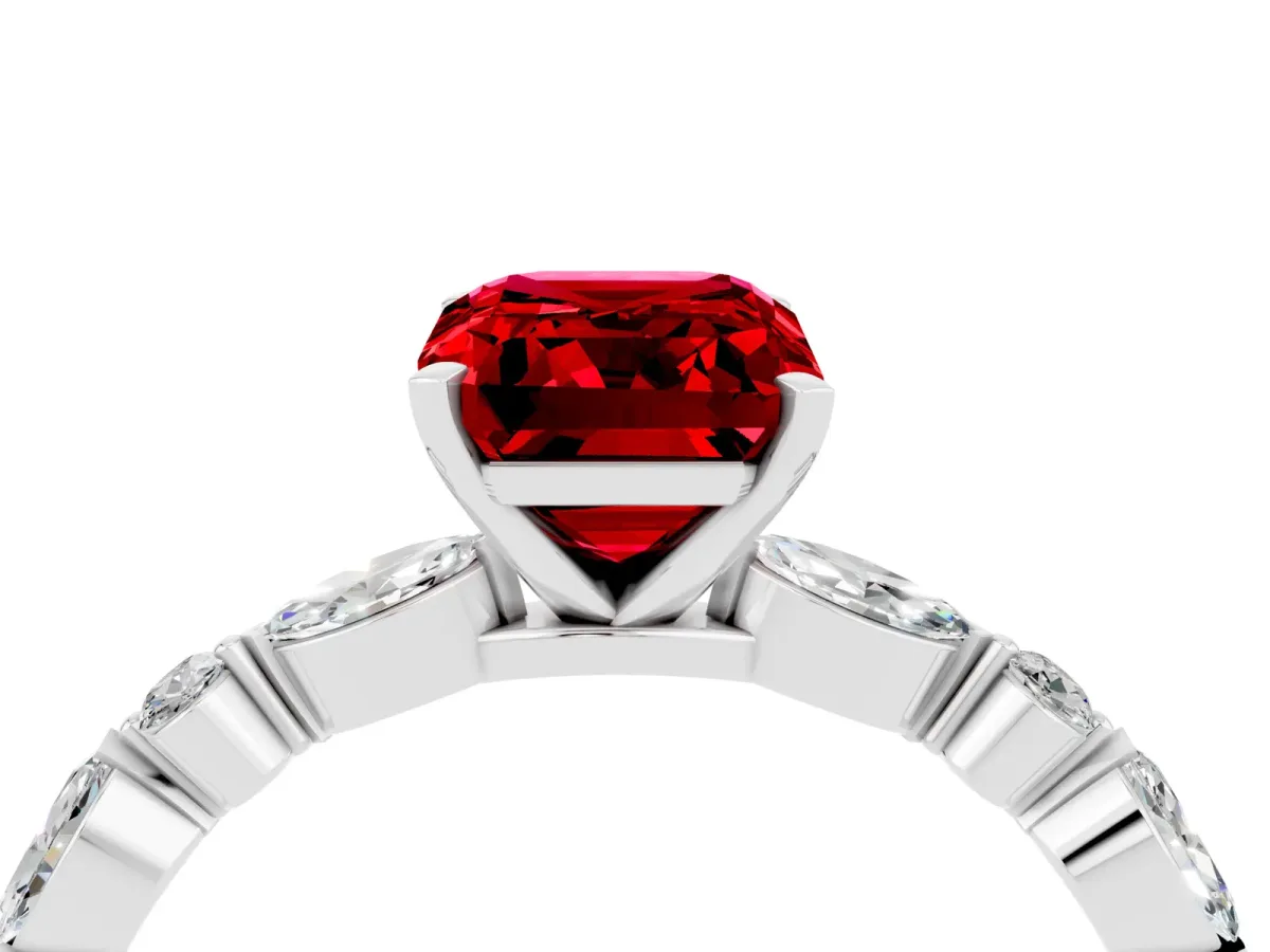Emerald Cut Ruby Ring with Marquise and Round Side Stones and Four-Prong Setting Silver