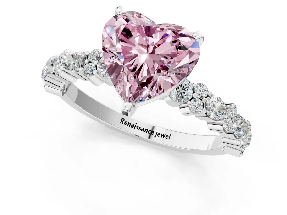 Fancy Pink Heart Cut Diamond Side Stone Solitaire Ring with Round and Four-Prong Setting White gold