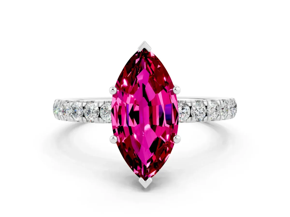 Marquise Cut Garnet Pave Band Solitaire Ring with Round and Prong Setting White gold