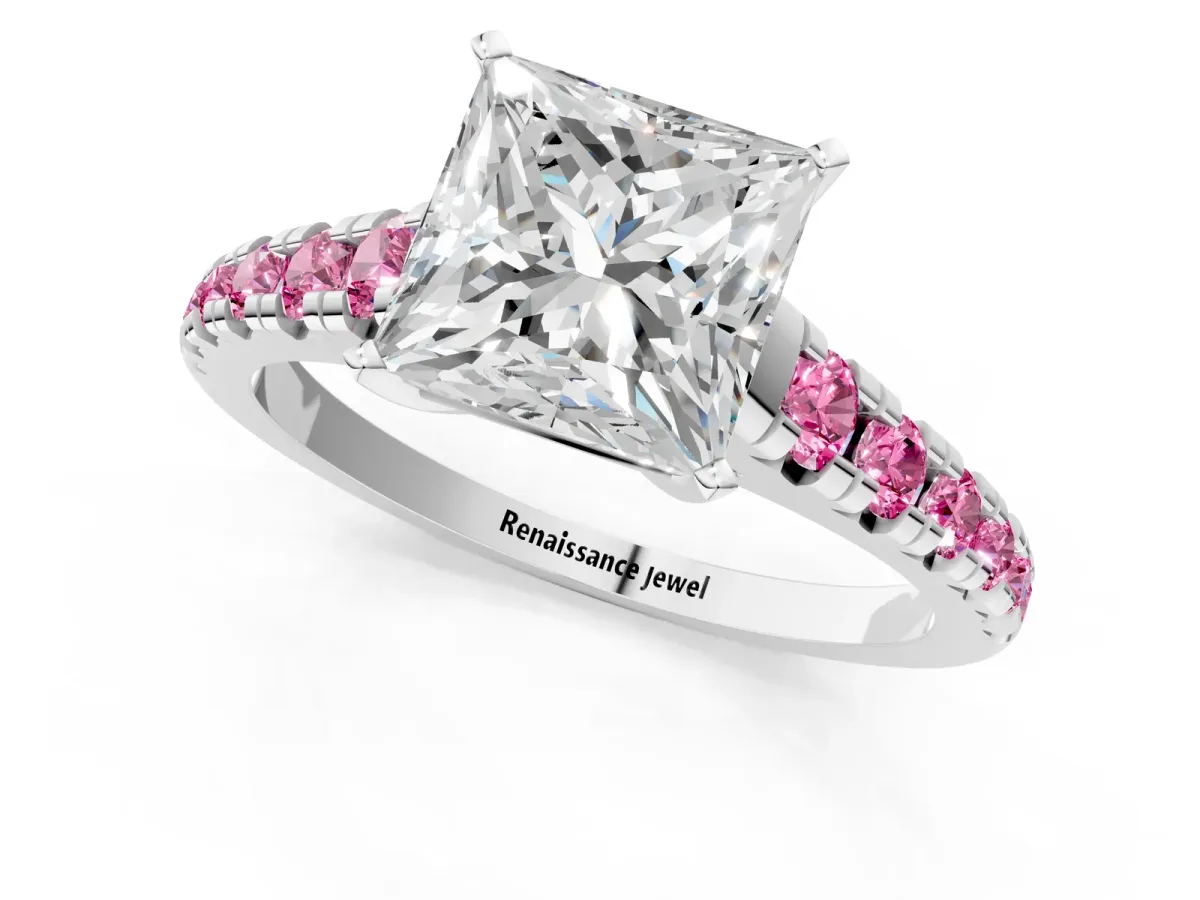 Princess Cut Diamond Cathedral Solitaire Ring with Round Pink Sapphire Pavé Band Silver