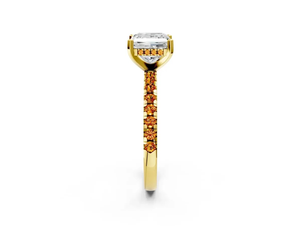 Princess Cut Diamond Solitaire Ring with Round Citrine Pavé Band and Four-Prong Setting Yellow gold