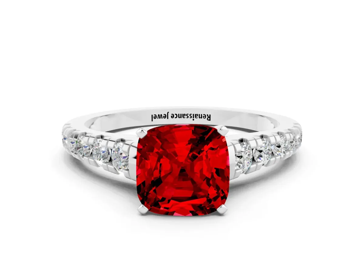 Cushion Cut Ruby Cathedral Solitaire Ring with Round Pavé Band White gold