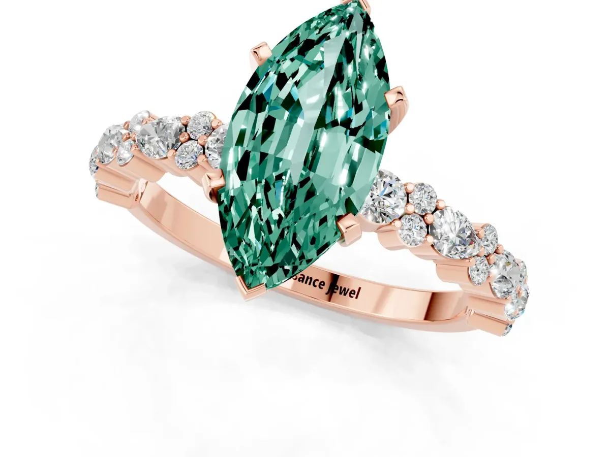 Marquise Cut Green Sapphire Side Stone Solitaire Ring with Round and Four-Prong Setting Rose gold
