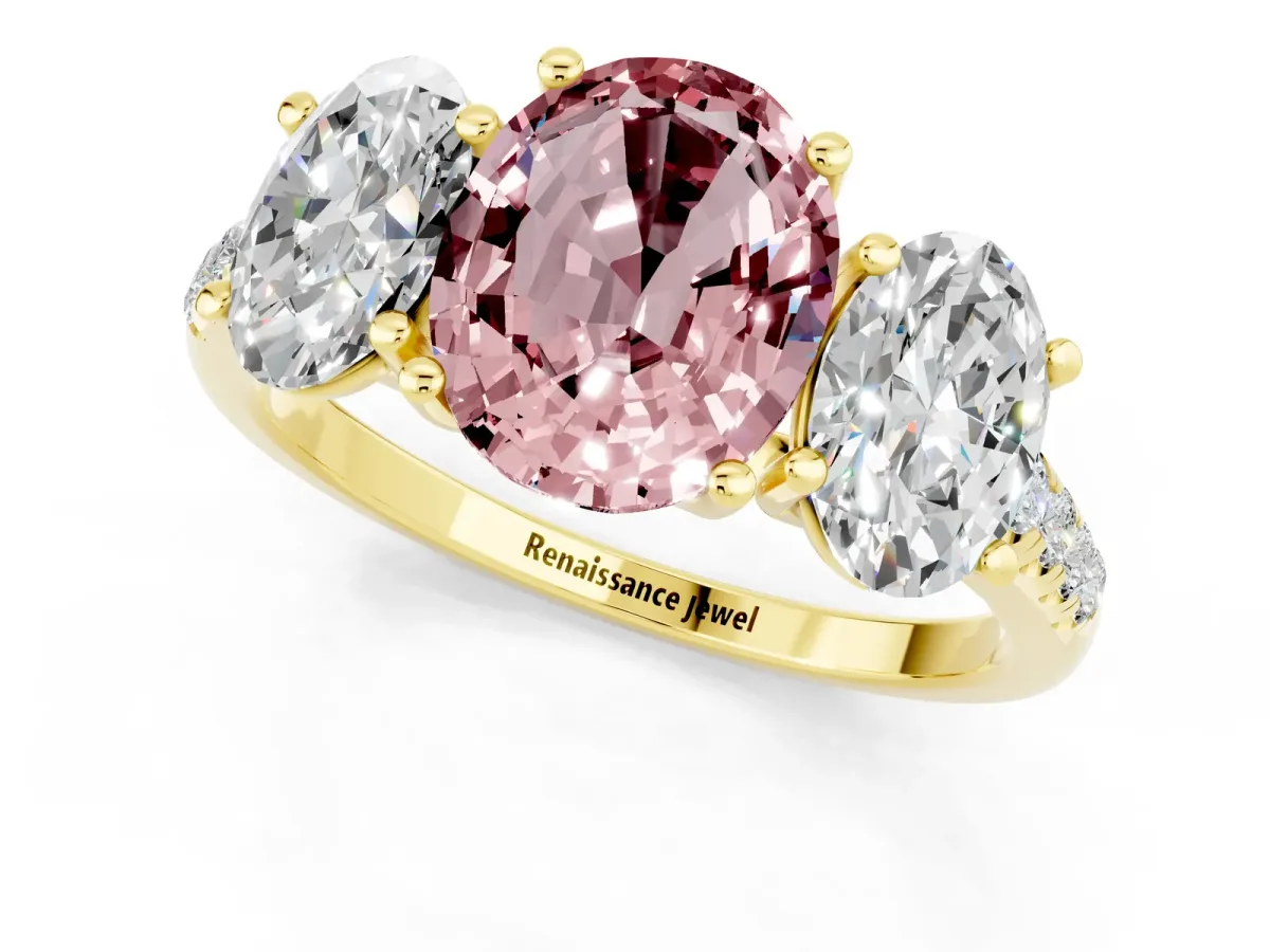 Three-Stone Oval Cut Morganite Ring with Round Pavé Band and Prong Setting Yellow gold