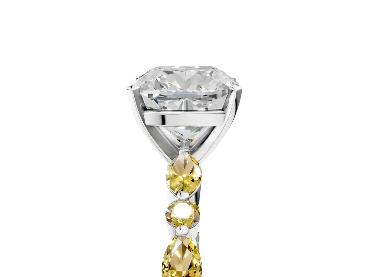 Cushion Cut Diamond Ring with Marquise and Round Yellow Sapphire Side Stones and Four-Prong Setting Silver