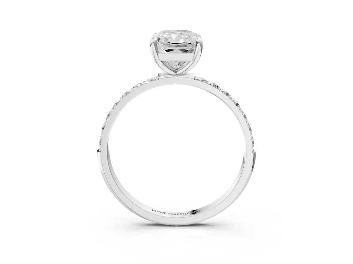 Radiant Cut Diamond Solitaire Ring with Round Pavé Band and Prong Setting Platinum
