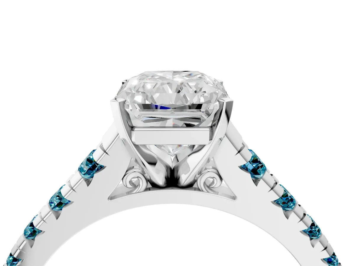 Radiant Cut Diamond Cathedral Solitaire Ring with Round Blue Topaz Pavé Band Silver